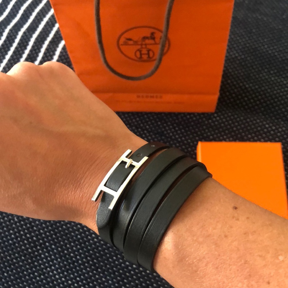 Hermès Black Leather 3MM wrap bracelet